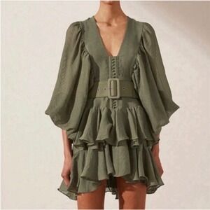 Shona Joy Size 8 Charlotte Mini Dress Statement Balloon Sleeve Ruffles Green